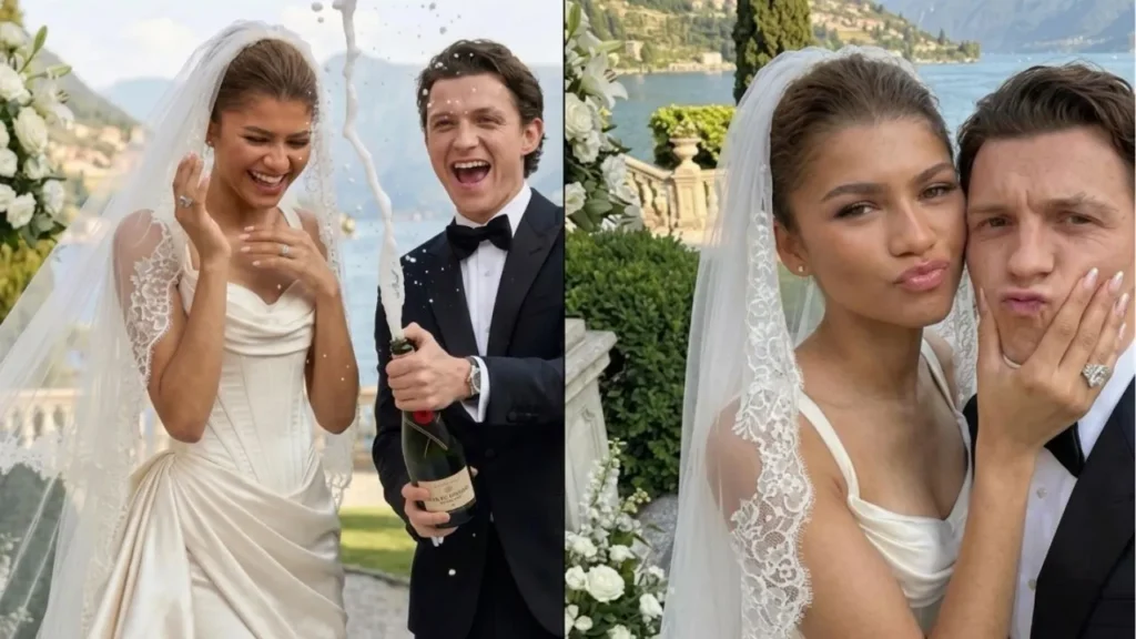 Actress Zendaya smiling widely while her husband Tom Holland kisses her forehead during a Rome trip.