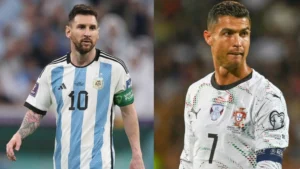 Lionel Messi in his Argentina jersey smiling and celebrating during a World Cup 2026 match
